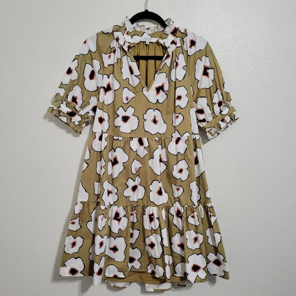 Crosby Isabelle Green Yellow Floral Print Puff Sleeve Tiered Mini Dress Size XS - Picture 2 of 8